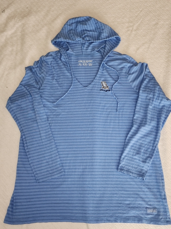 Life Is Good Tops - LIFE IS GOOD Light Blue Striped Hooded V-Neck Tee XXL